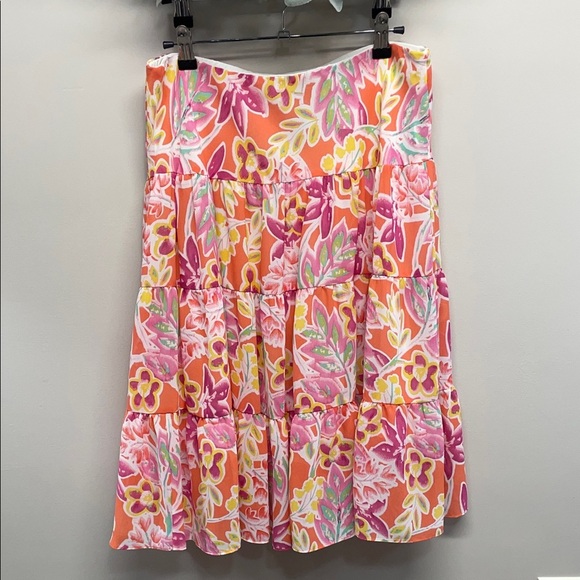 NWOT Chaps Coral Pink Yellow Floral Lined Tiered Chiffon Midi Skirt MP - Picture 1 of 14